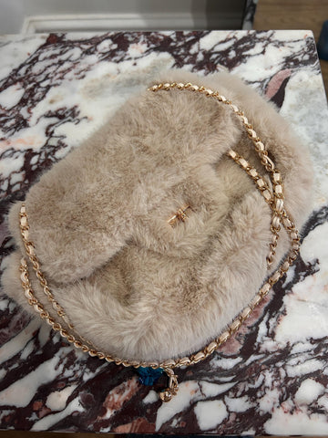 Beige faux fur soft shoulder bag with gold clasp and adjustable strap, date bag, dressy bag