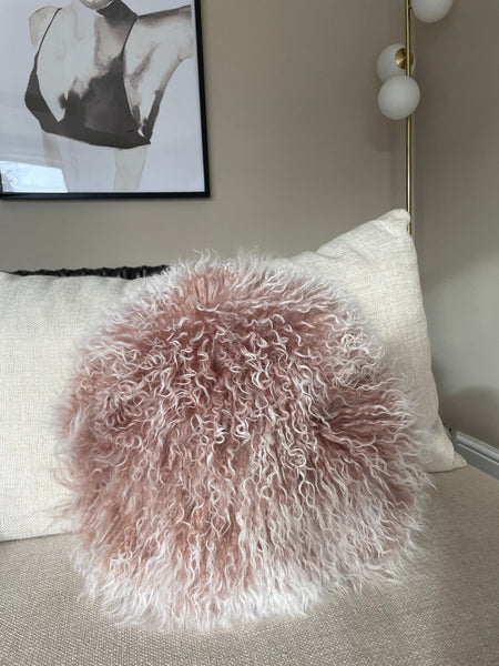 Lush soft pink real mongolian fur round cushion cover