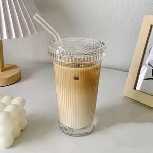 Striped glass coffee cup, a perfect ice latte glass coffee cup with straw