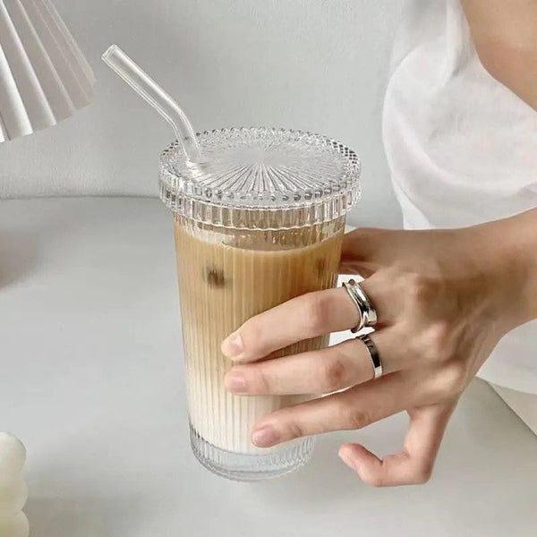 Fluted glass coffee cup, a perfect ice latte glass coffee cup with straw