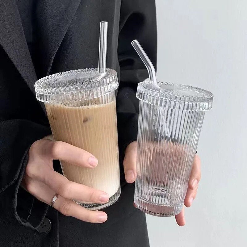 Fluted glass coffee cup, a perfect ice latte glass coffee cup with straw