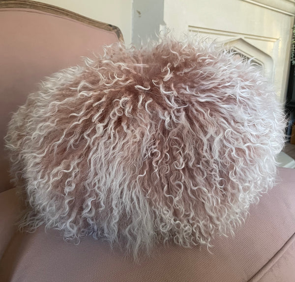 Lush soft pink real mongolian fur round cushion cover